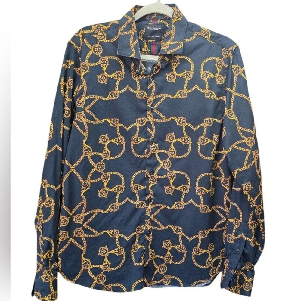 Denim & Flower Ricky Singh Large Navy Gold Baroque Chain Print Shirt Button Down